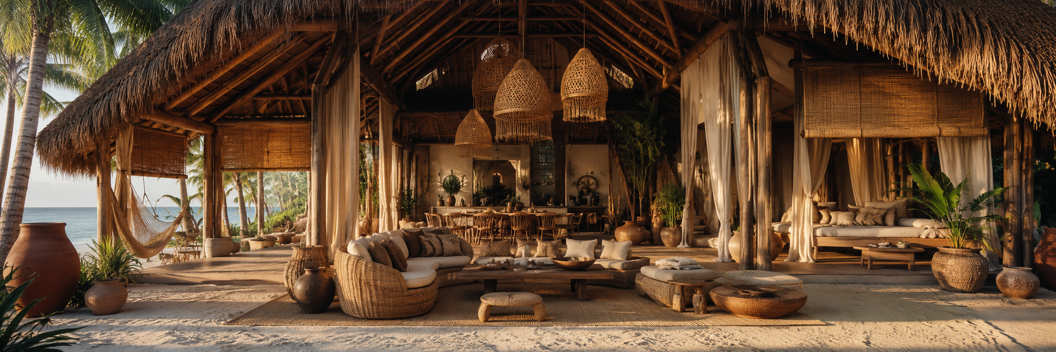 Open-air palapa lounge on a tropical beach at golden hour