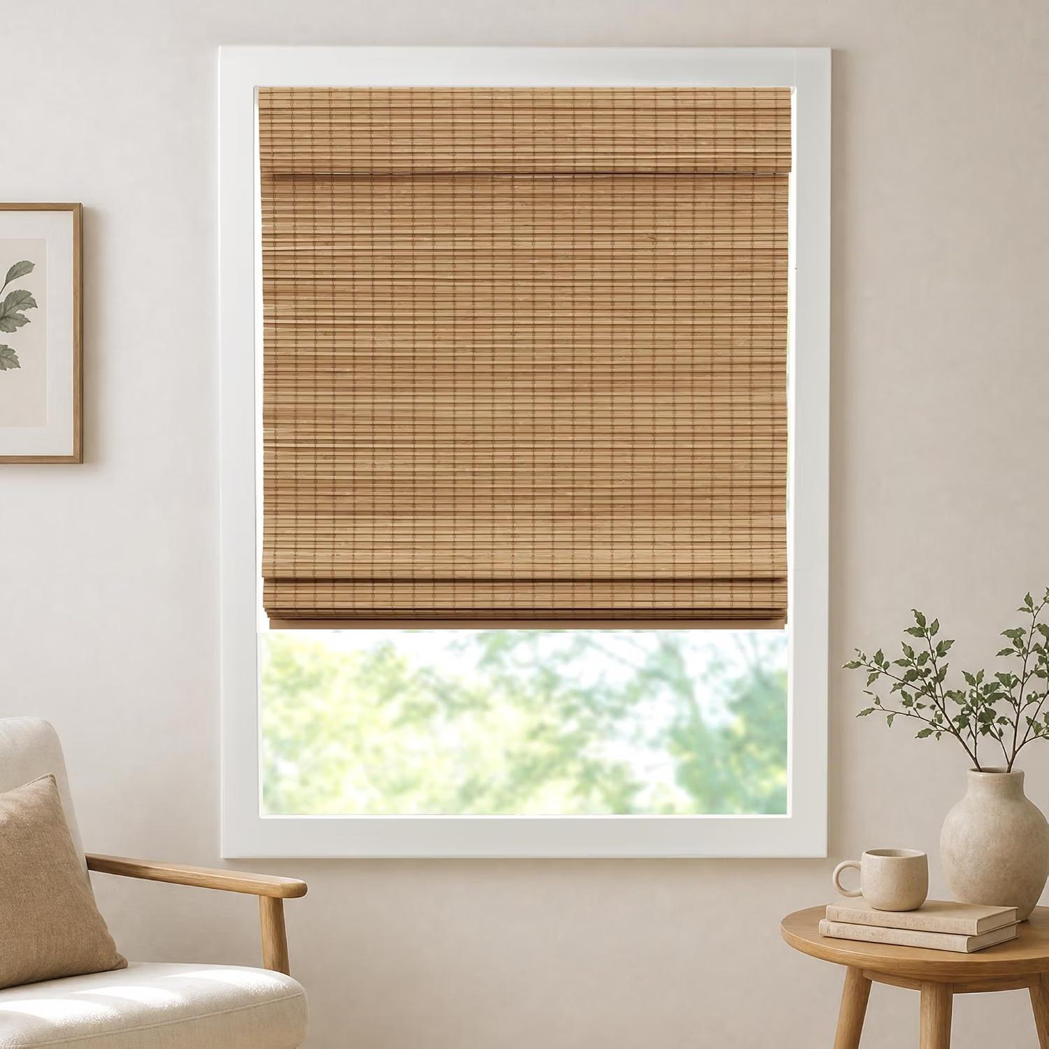 Neutral cordless bamboo Roman shade, 39 by 64 inches